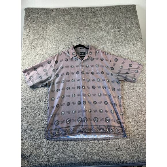 VINTAGE 90s Rocawear Shirt Mens XXL 2XL Pruple Brown AOP Hip Hop Button Up FLAW - Picture 1 of 15